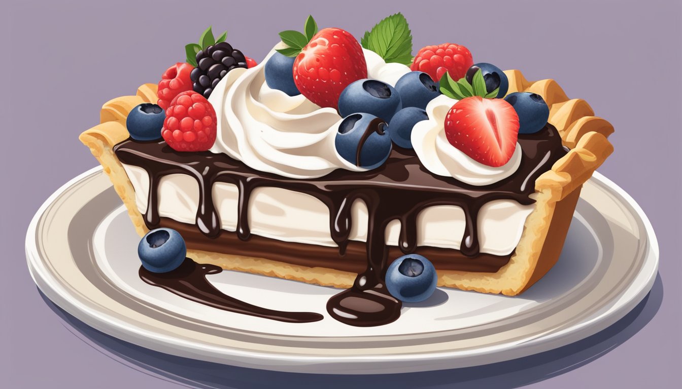 A dollop of sugar-free whipped cream sits atop a slice of pie, surrounded by fresh berries and a decorative swirl of chocolate sauce