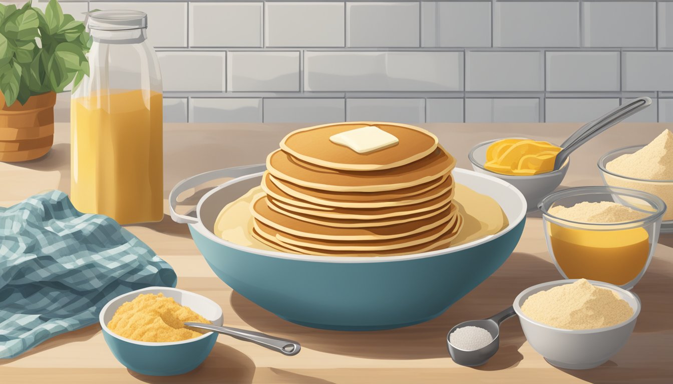 A mixing bowl filled with Simple Mills Almond Flour Pancake & Waffle Mix, surrounded by ingredients and a whisk on a kitchen counter