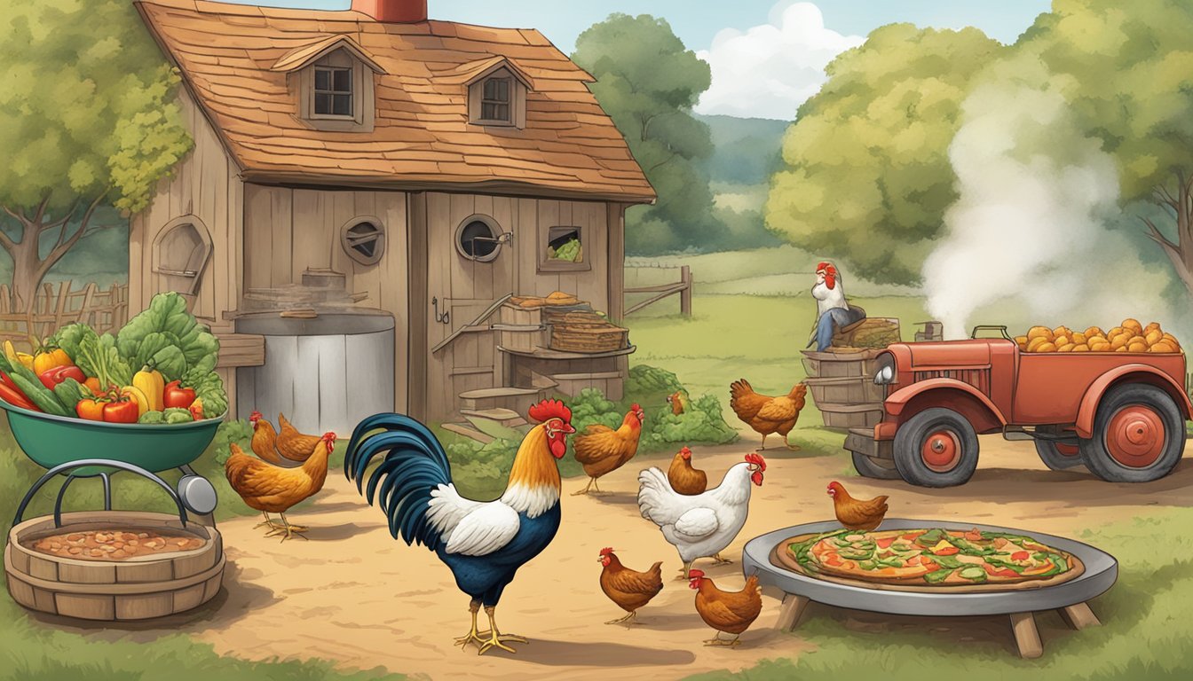 A farm scene with chickens, vegetables, and a wood-fired oven creating a gluten-free BBQ pizza