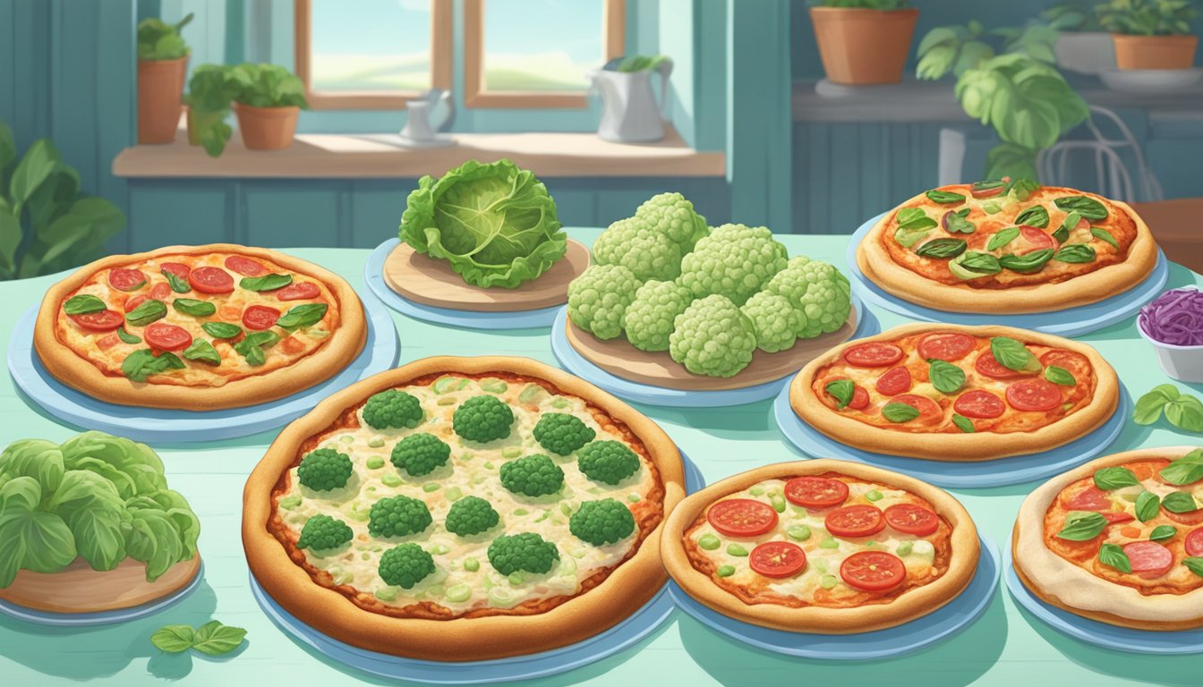 A colorful, appetizing scene of a Green Giant Margherita Cauliflower Pizza surrounded by four other diabetic-friendly frozen pizzas