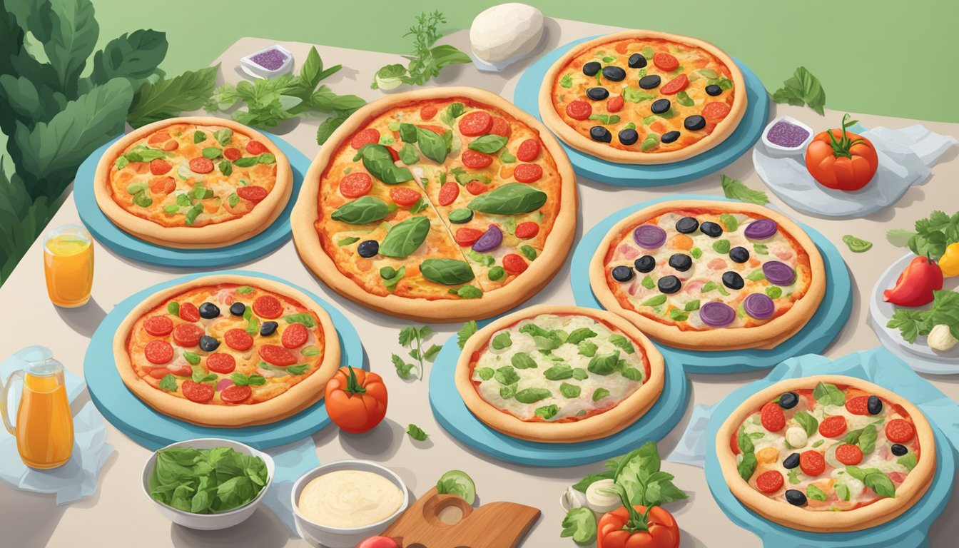 A table with 5 frozen pizzas surrounded by colorful, fresh ingredients like vegetables and herbs, with a prominent label indicating "Diabetic-Friendly Pizzas."