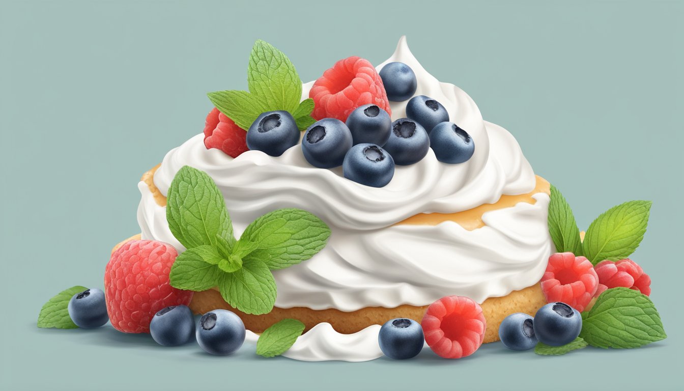 A dollop of sugar-free whipped cream atop a dessert, surrounded by fresh berries and a mint leaf