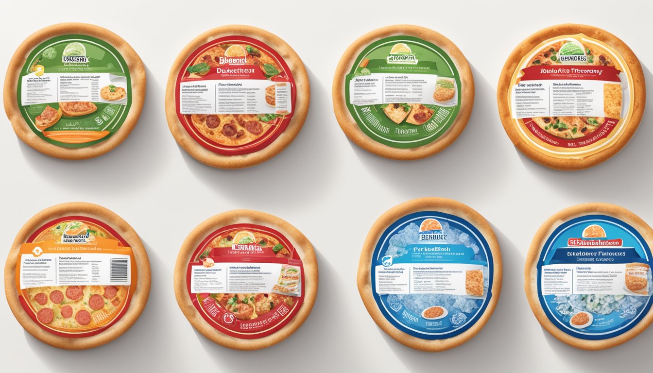 A selection of five different frozen pizzas, each labeled as "diabetic-friendly," displayed on a clean, white surface