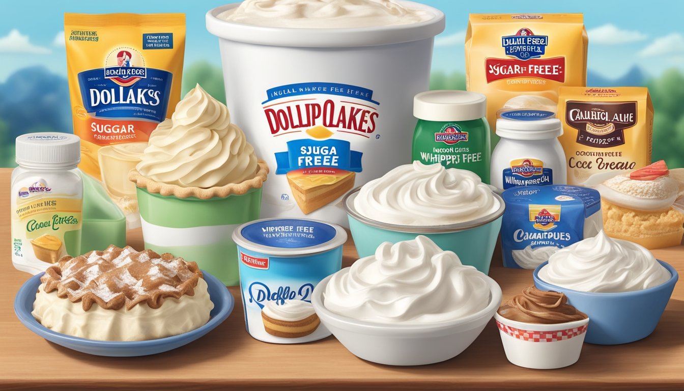 A dollop of Land O'Lakes Sugar-Free Whipped Heavy Cream sits atop a slice of pie, surrounded by eight other sugar-free whipped cream options for diabetics