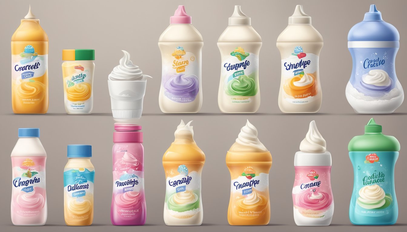 A table with 8 different sugar-free whipped cream options, each labeled with the brand name and a dollop of cream on top