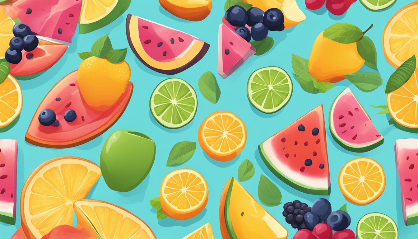 A colorful array of fruit bars arranged on a table, surrounded by vibrant fresh fruit and a cheerful, summery backdrop