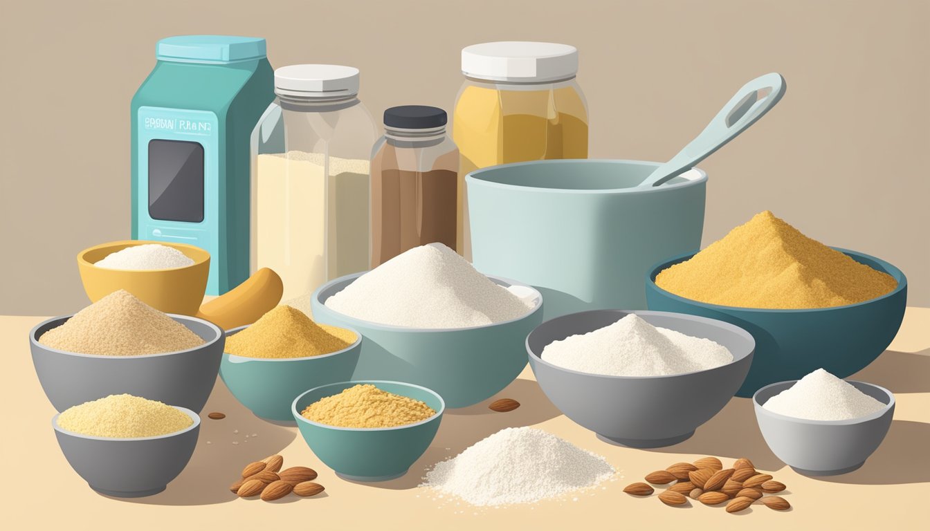 A kitchen counter with various low-carb baking mixes, measuring cups, and mixing bowls. Ingredients like almond flour and stevia are scattered around