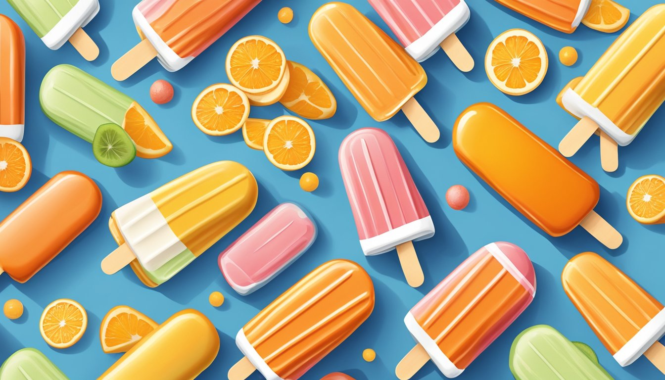 A colorful display of Goodpop No Sugar Added Orange N' Cream popsicles surrounded by other sugar-free options