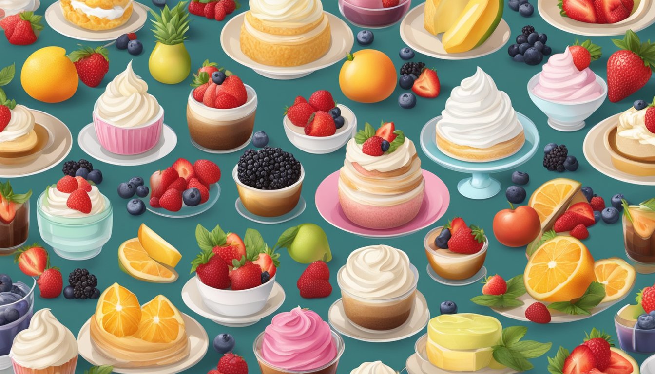 A table with 8 different sugar-free whipped cream options, surrounded by various fruits and desserts