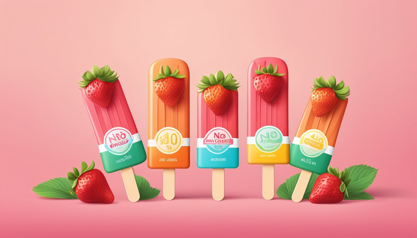 A colorful display of strawberry popsicles with a "No Sugar Added" label, arranged in a row on a bright, summery background