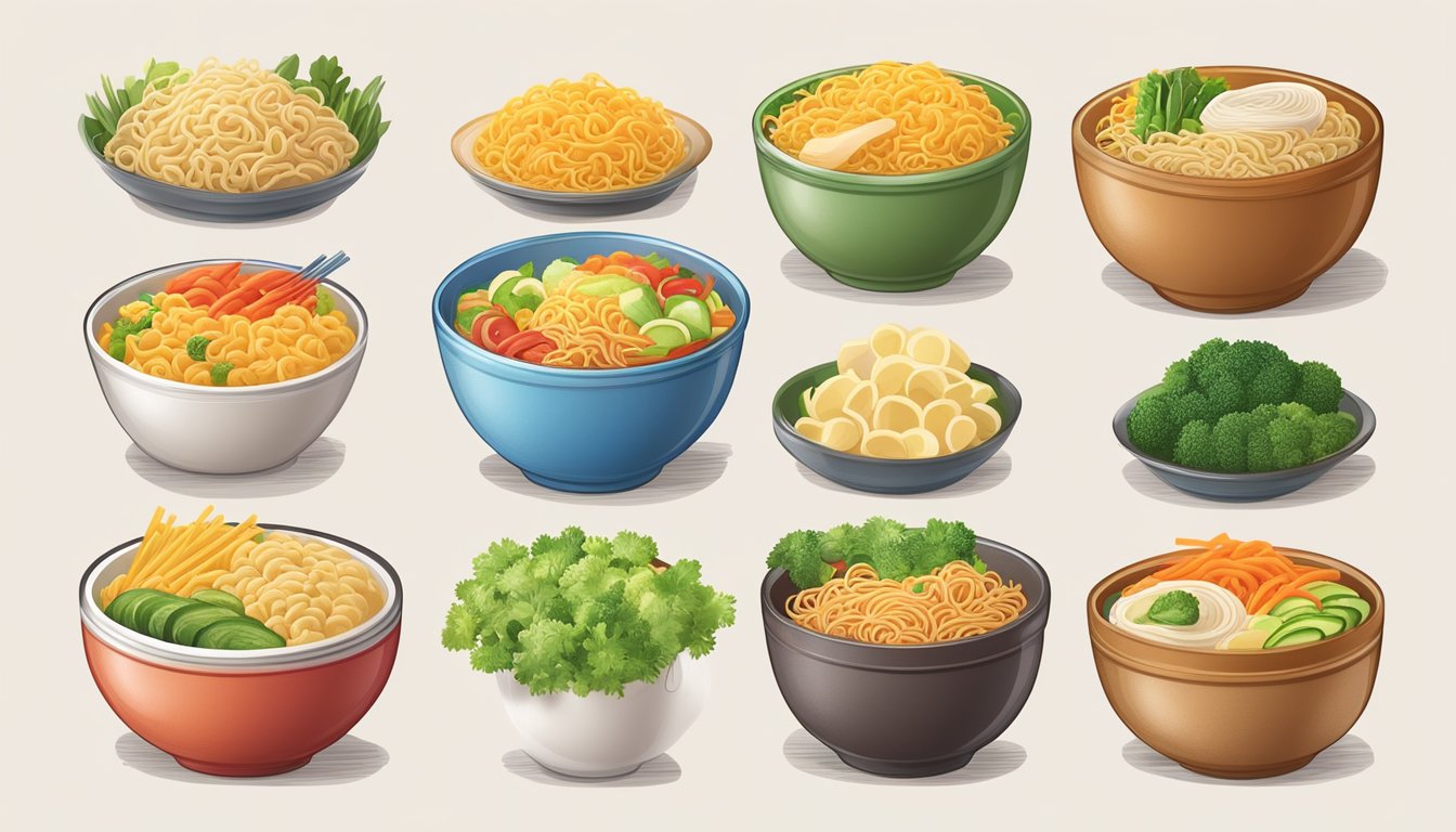 A colorful display of 6 varieties of low-carb instant noodles, surrounded by a halo of healthful ingredients such as vegetables and lean proteins