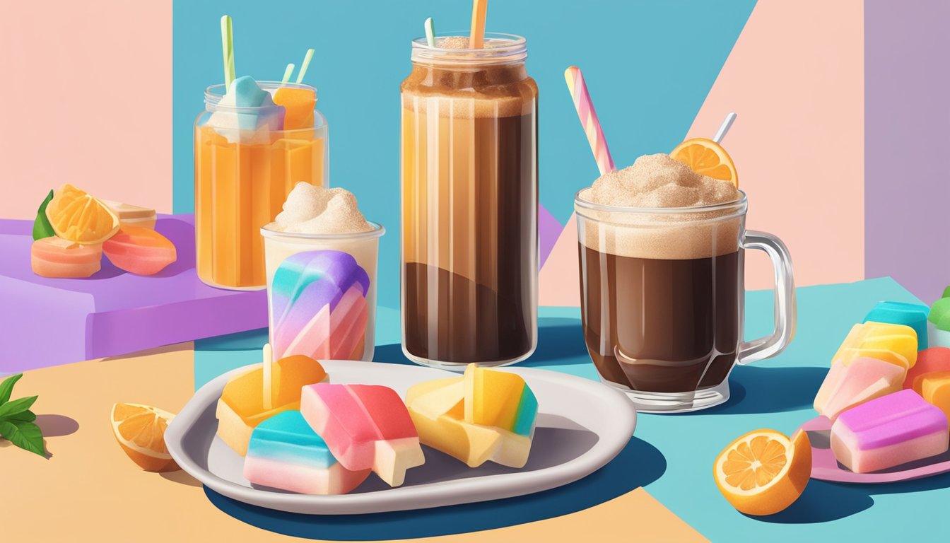 A table with a variety of colorful sugar-free popsicles next to a bottle of Chloe's No Sugar Added Cold Brew Coffee