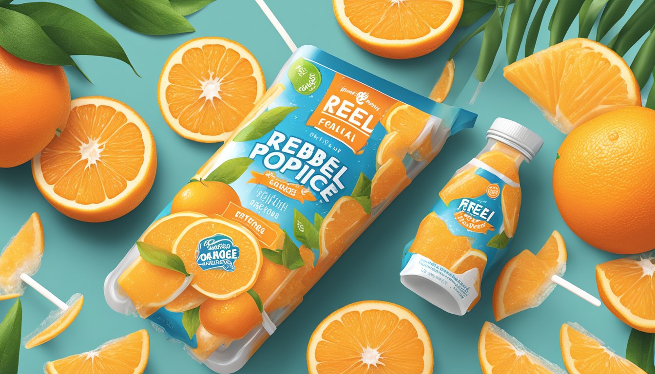 A vibrant display of Rebel Natural Florida Orange popsicles surrounded by fresh oranges and sugar-free labels