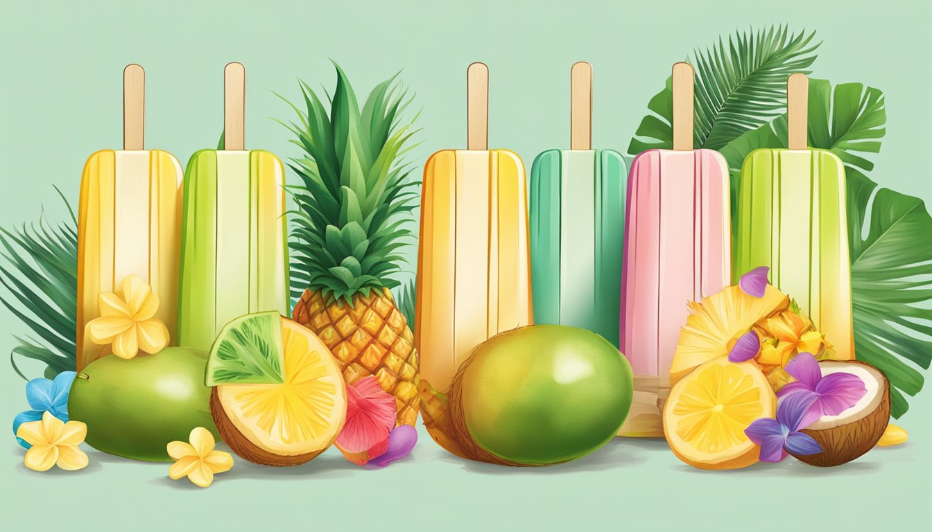 A colorful display of JonnyPops No Sugar Added Coconut Pineapple popsicles arranged in a row, surrounded by tropical fruits and leaves