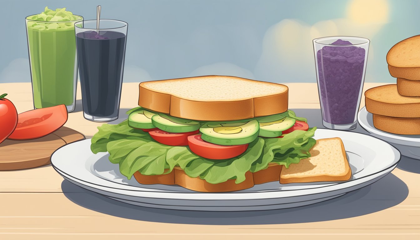 A table set with a loaf of Sola Golden Wheat Sandwich Bread and five low-carb sandwich thins, surrounded by diabetic-friendly ingredients like lettuce, tomatoes, and avocado