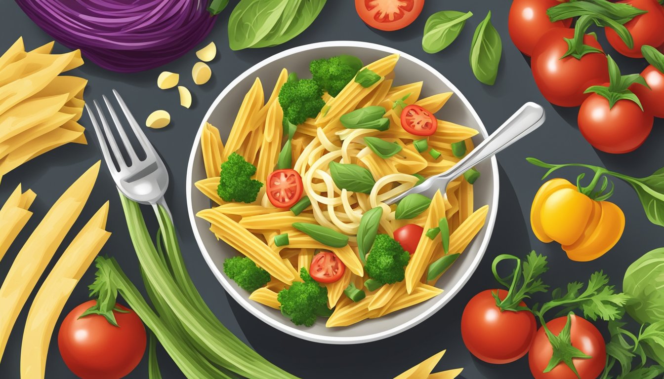 A bowl of low-carb penne noodles surrounded by fresh vegetables and a fork