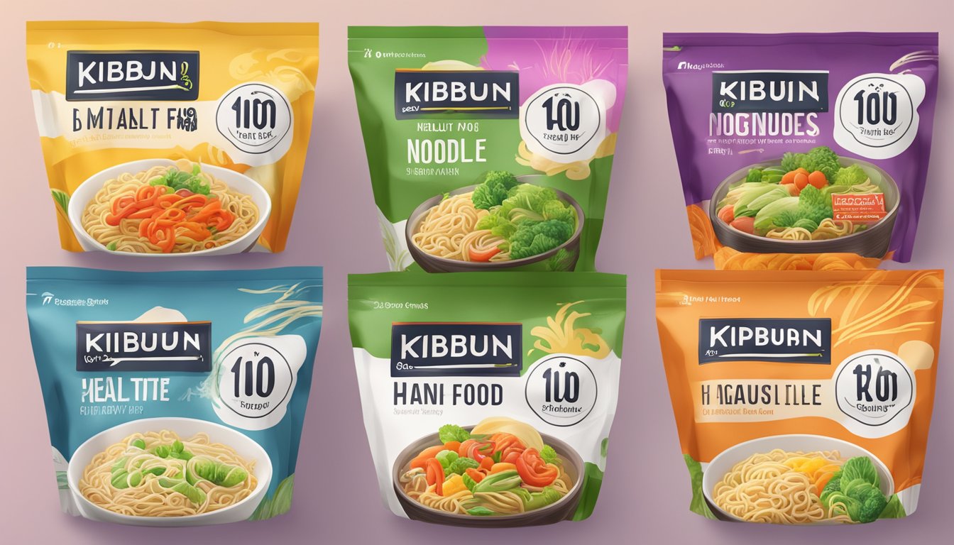 A colorful display of Kibun Foods Healthy Noodle packages with low-carb labels, surrounded by fresh vegetables and a steaming bowl of noodles