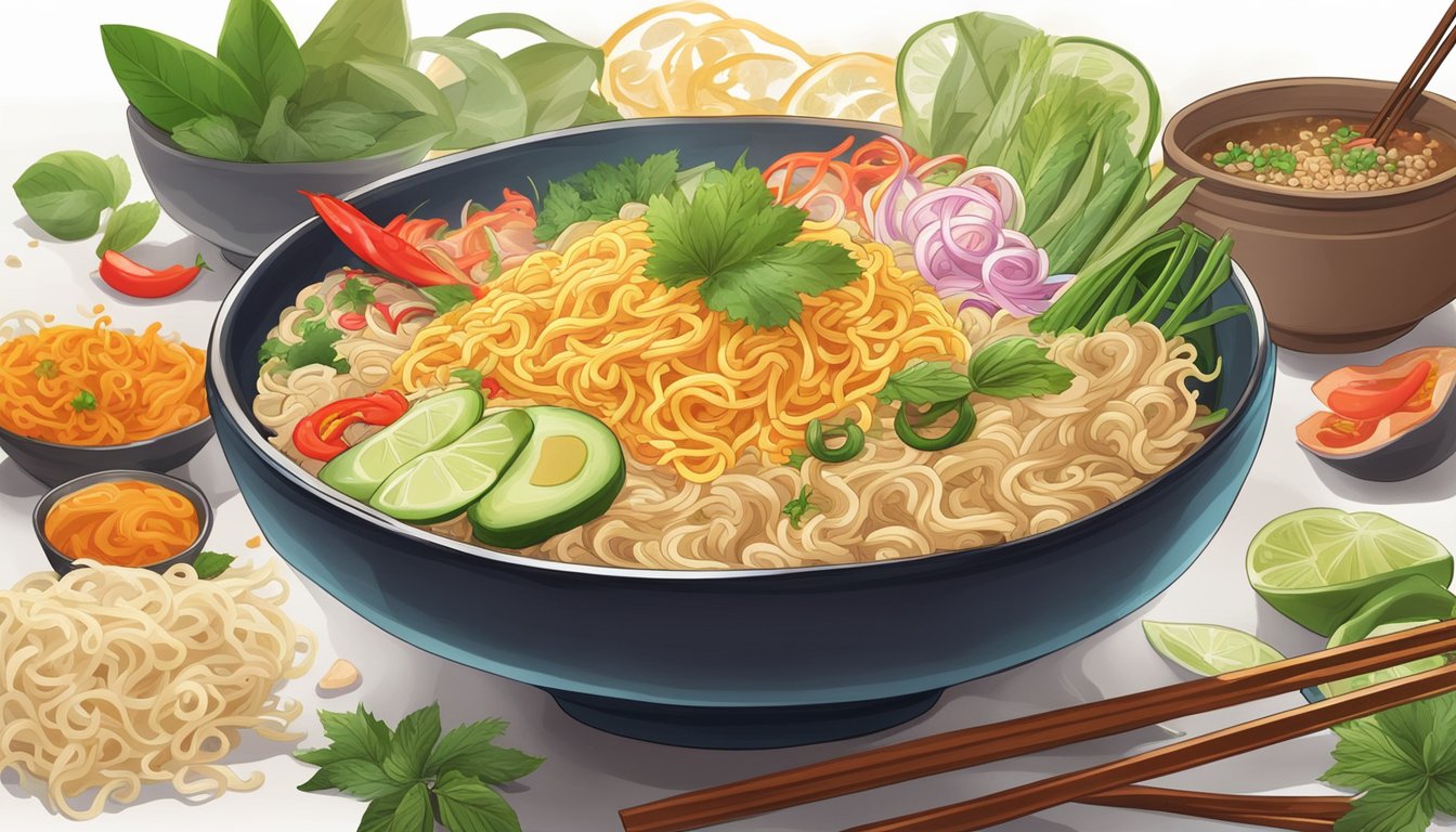 A steaming bowl of low-carb instant noodles surrounded by vibrant Thai spices and ingredients