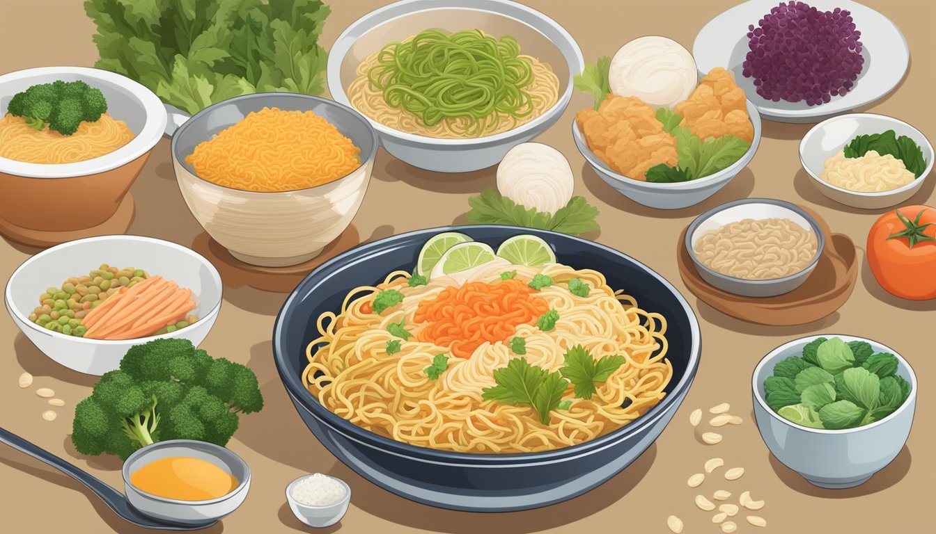 A table with 6 different types of low-carb instant noodles, surrounded by various diabetic-friendly ingredients like vegetables and lean protein