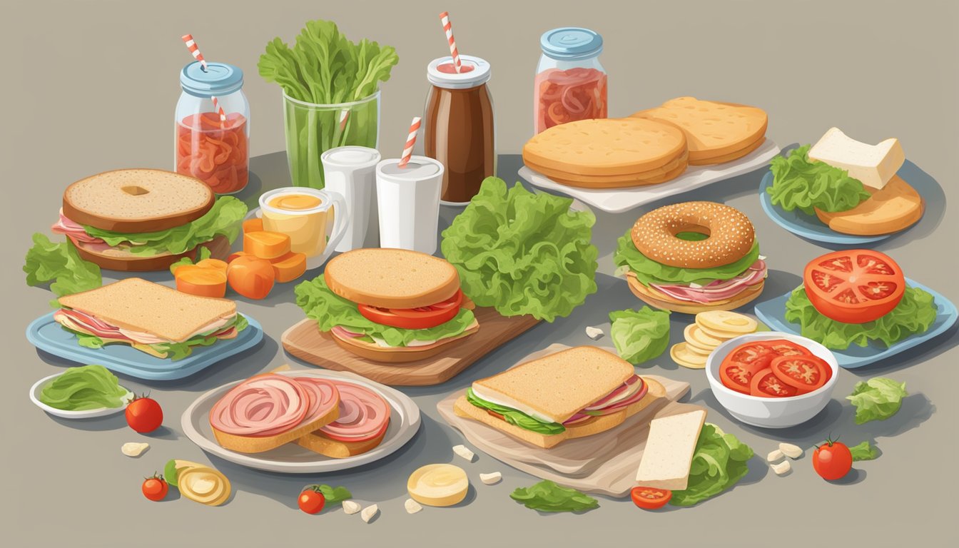 A table set with a variety of low-carb sandwich thins, including Everything Bagels, surrounded by fresh ingredients like lettuce, tomatoes, and deli meats