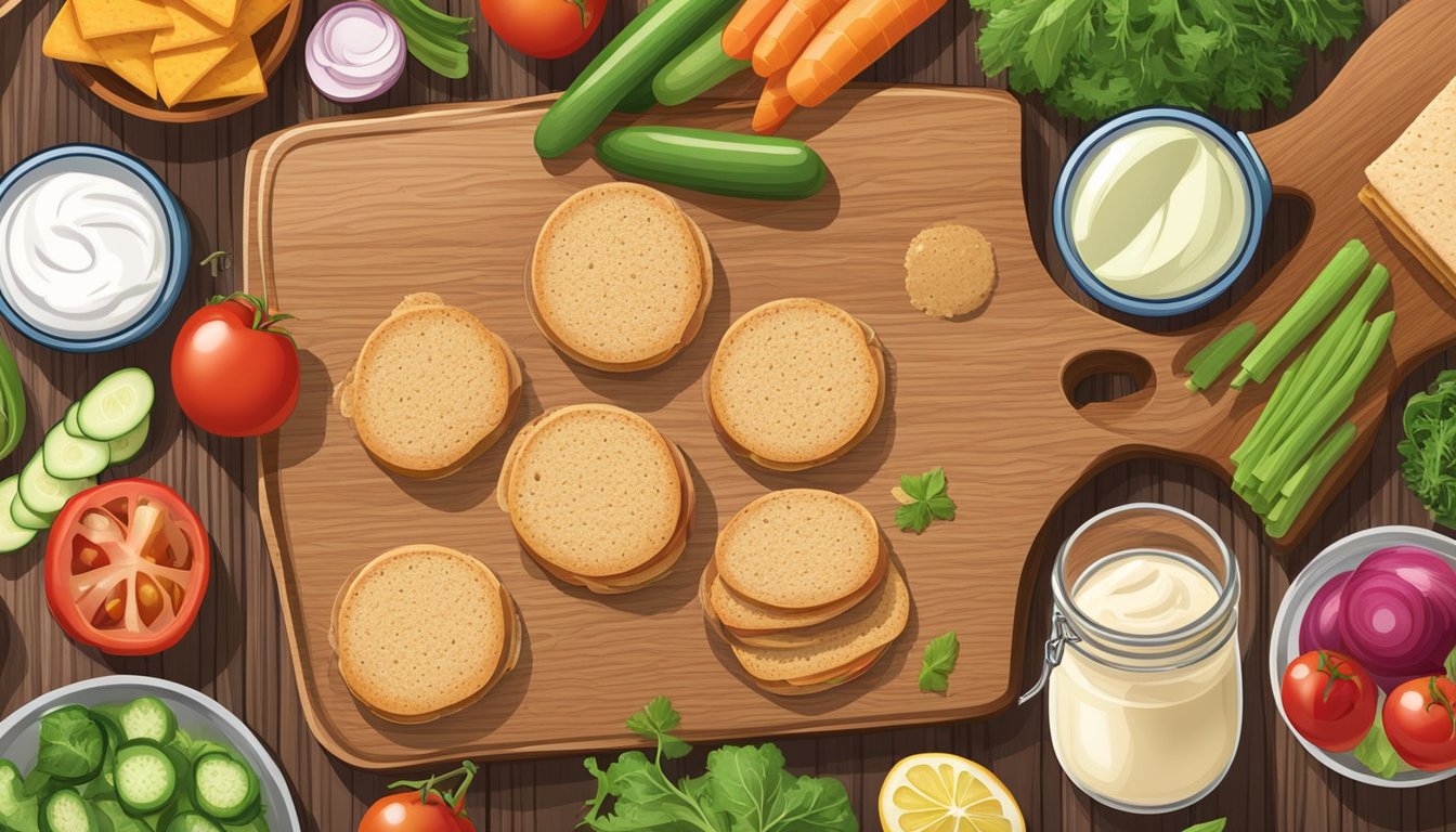 A variety of low-carb sandwich thins displayed on a wooden cutting board, surrounded by fresh vegetables and a jar of sugar-free condiments