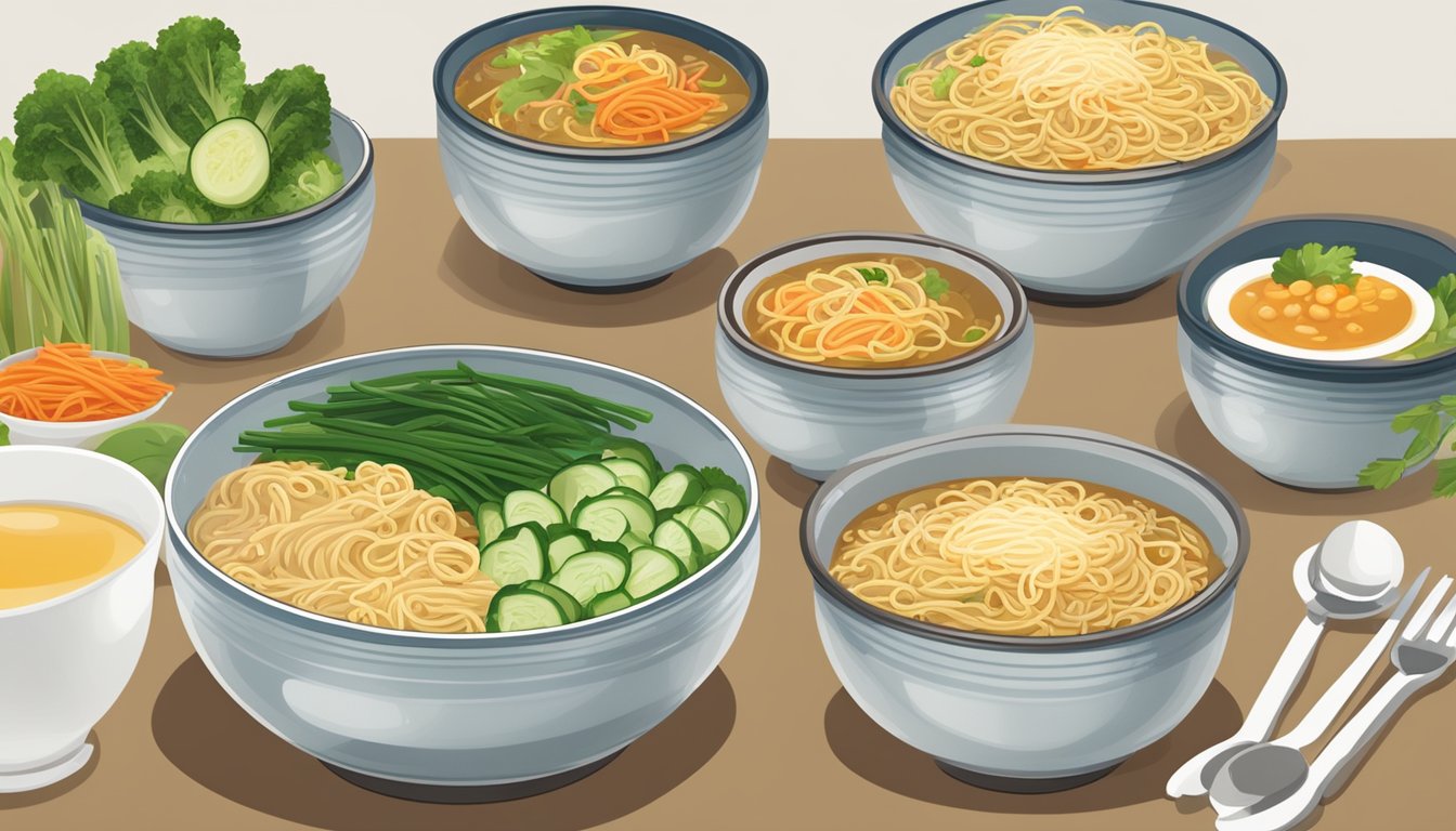 A table with six bowls of low-carb instant noodles, surrounded by fresh vegetables and a steaming pot of broth