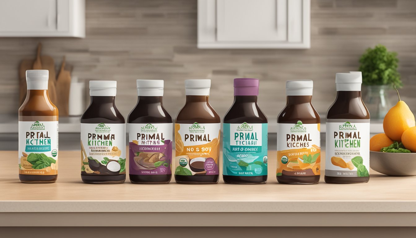 A bottle of Primal Kitchen No Soy Organic Teriyaki Sauce surrounded by other sugar-free teriyaki sauces on a kitchen countertop