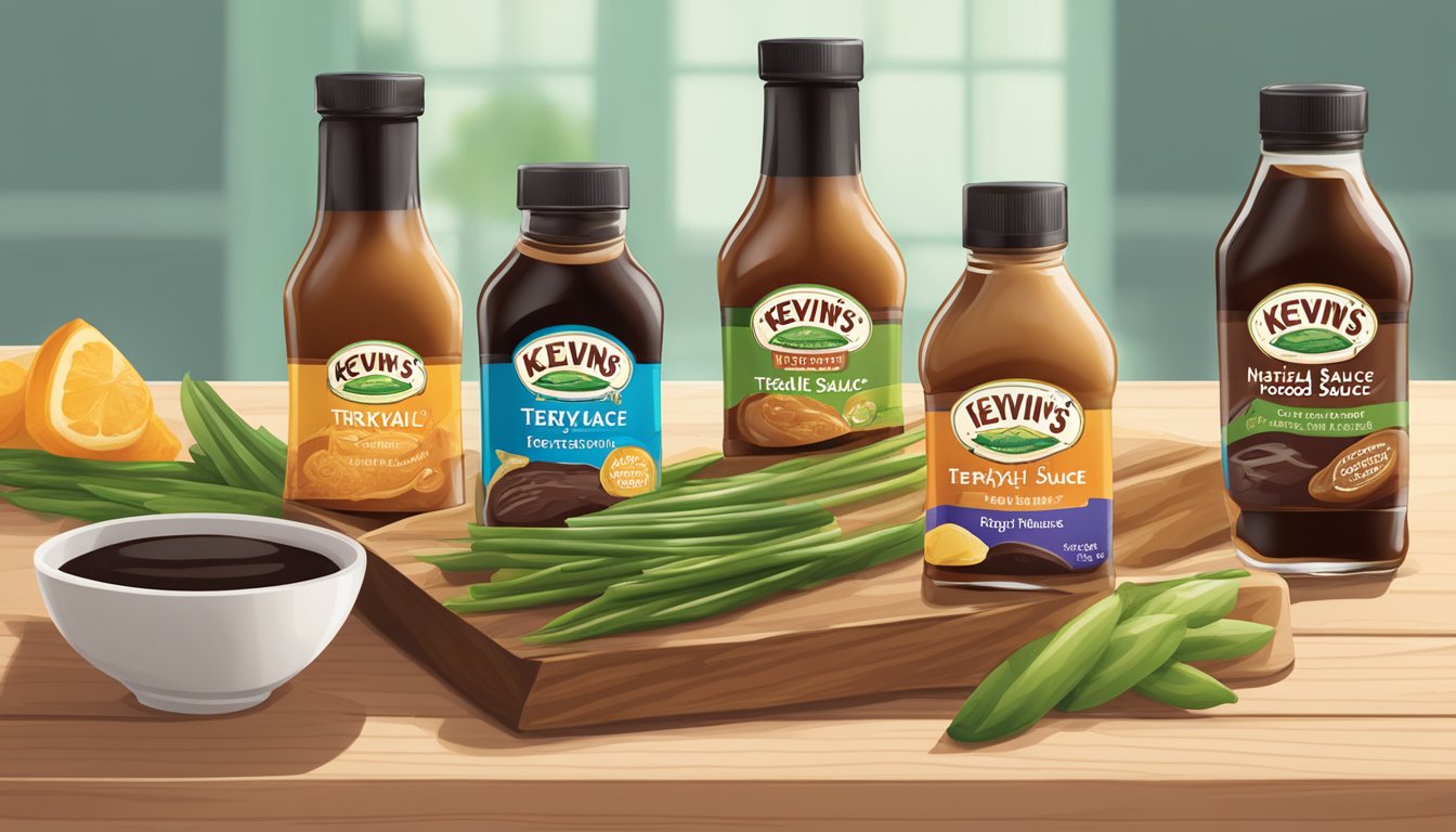 A bottle of Kevin's Natural Foods Teriyaki Sauce surrounded by five other bottles of sugar-free teriyaki sauces on a wooden table