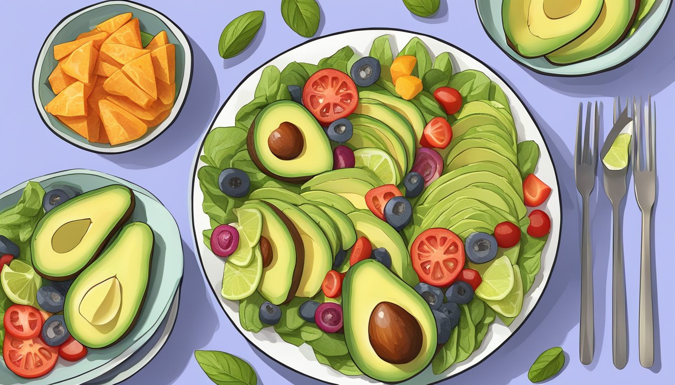 Fresh avocado slices arranged on a colorful salad alongside other diabetic-friendly toppings