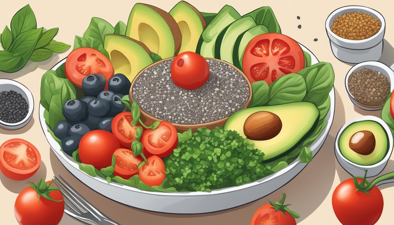 A colorful salad bowl with chia seeds sprinkled on top, surrounded by other diabetic-friendly toppings like spinach, tomatoes, and avocado