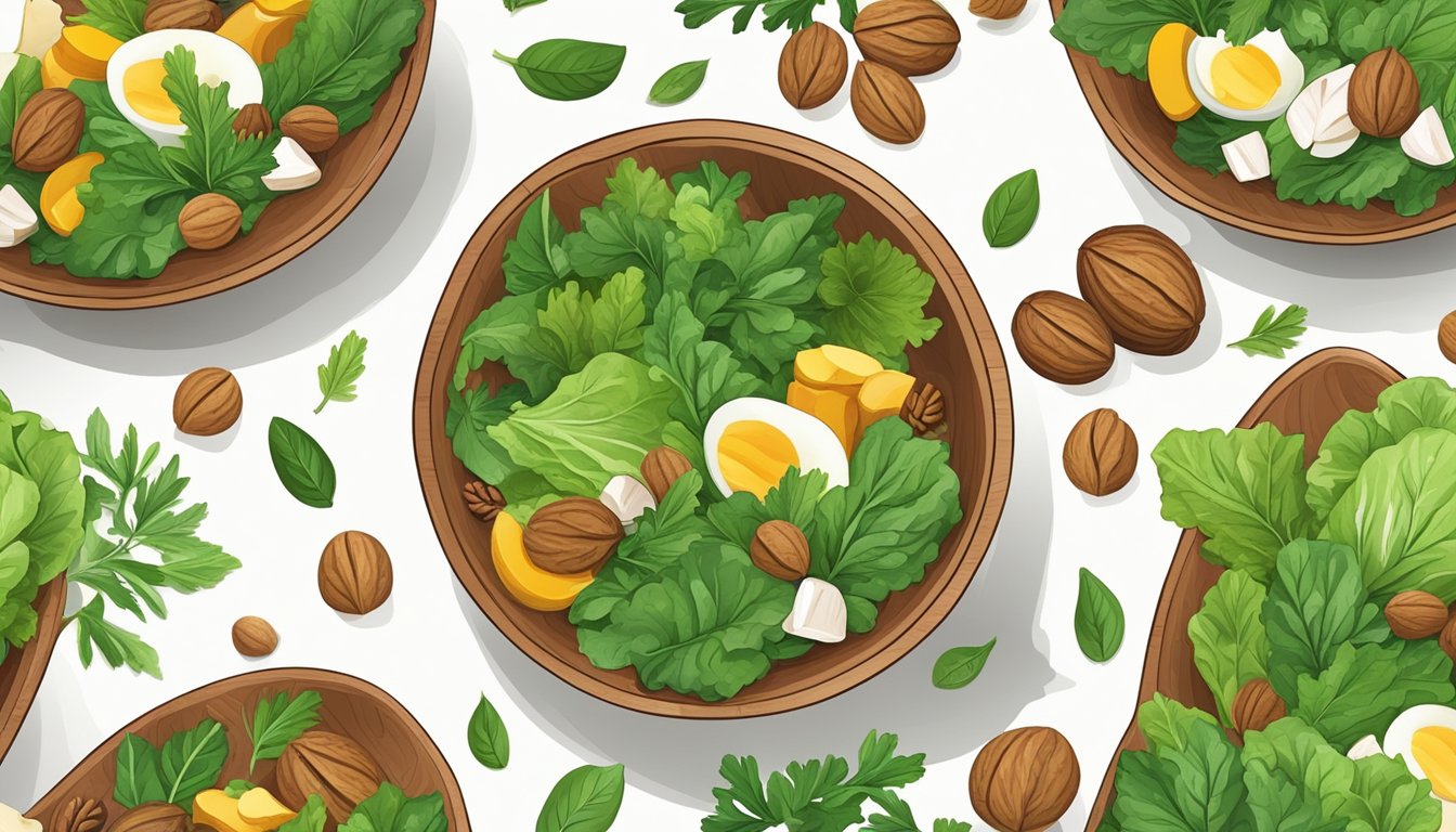 A colorful salad bowl with fresh greens and a scattering of walnut halves on top