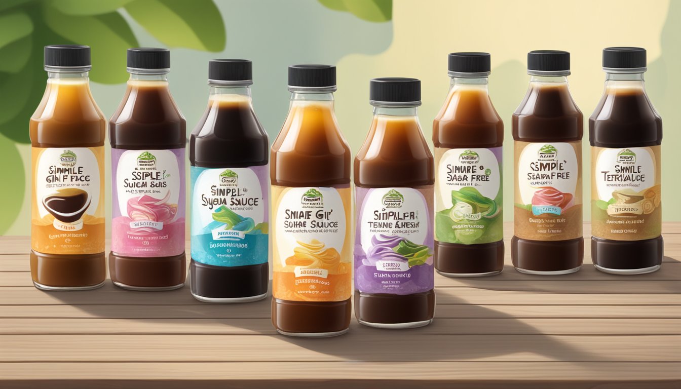 A bottle of Simple Girl Organic Sugar-Free Teriyaki Sauce surrounded by 5 other bottles of different sugar-free teriyaki sauces on a wooden table