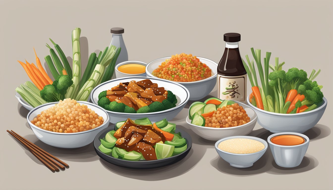 A table set with six bottles of sugar-free teriyaki sauce surrounded by fresh vegetables and a steaming stir-fry dish