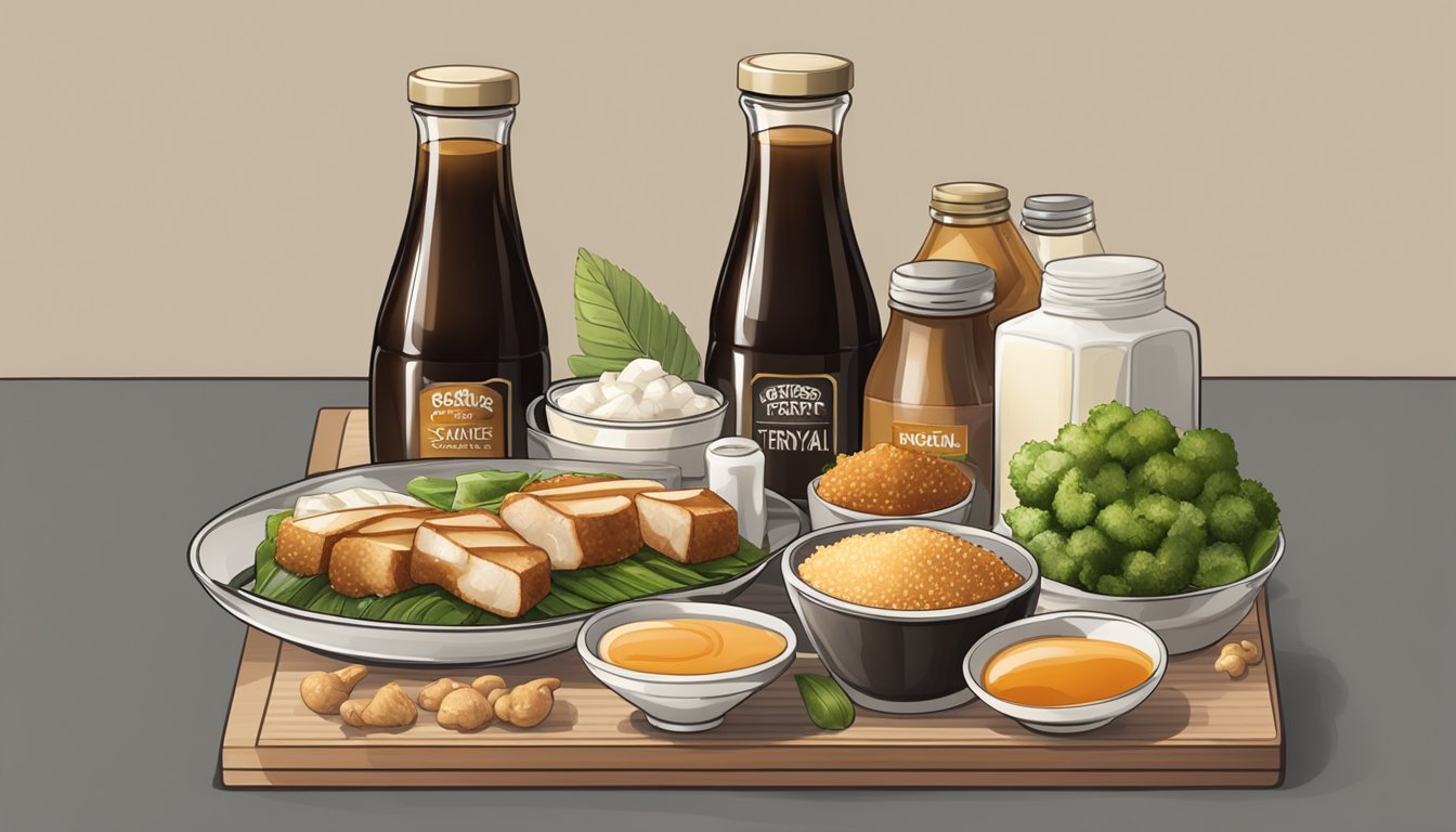 A table with six bottles of sugar-free teriyaki sauce surrounded by various ingredients like soy sauce, ginger, and garlic