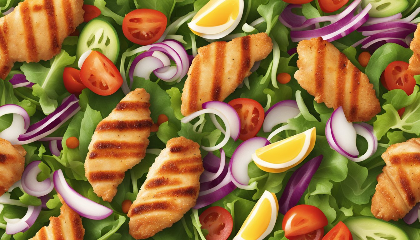 Grilled chicken strips arranged on a bed of colorful, fresh salad toppings