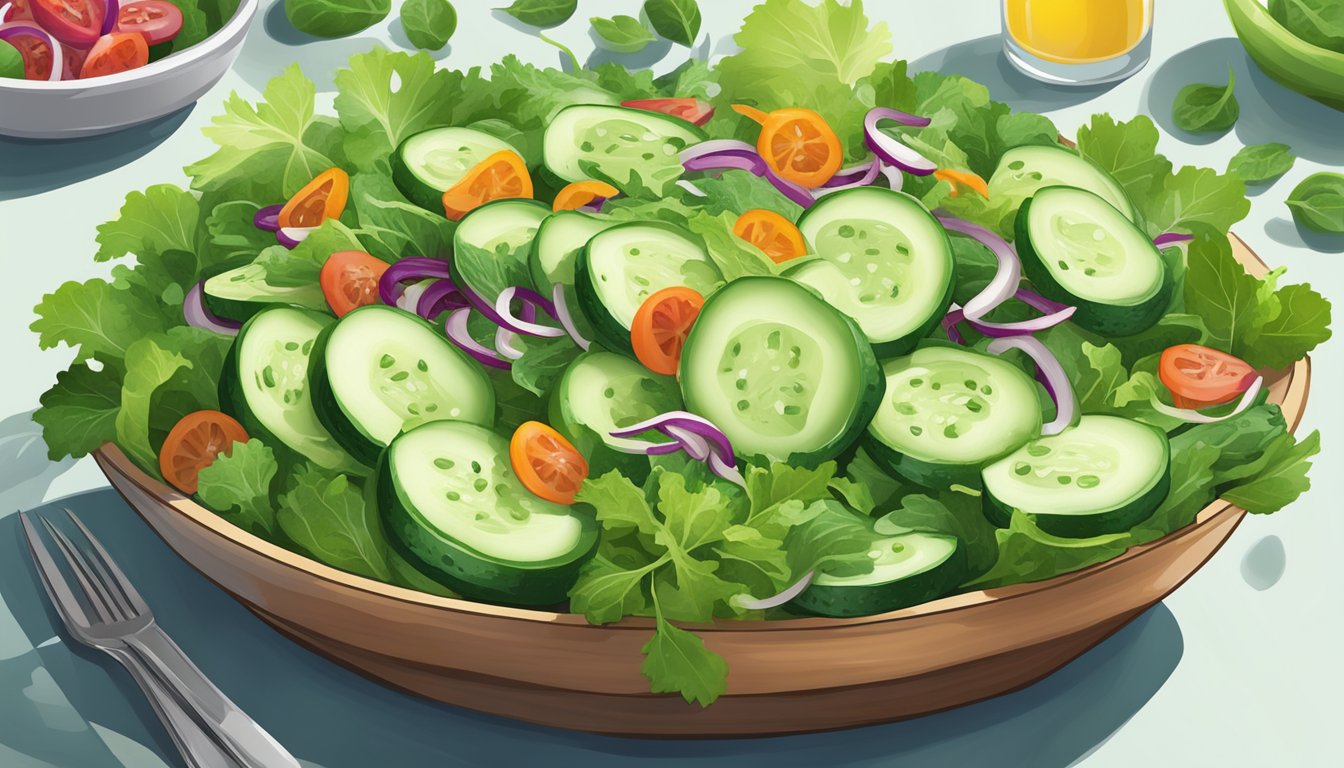 Fresh cucumber slices arranged on a bed of mixed greens with other diabetic-friendly salad toppings