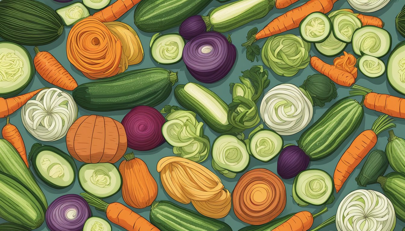 A colorful array of spiralized zucchini, carrots, sweet potatoes, and other low-carb vegetables arranged on a plate