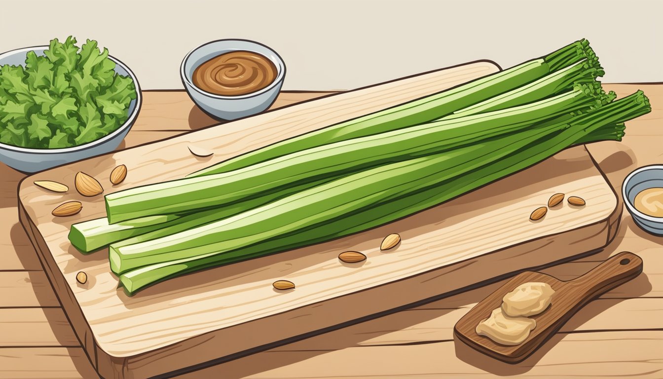 A stalk of celery topped with almond butter sits on a wooden cutting board, surrounded by other low-glycemic index snack options