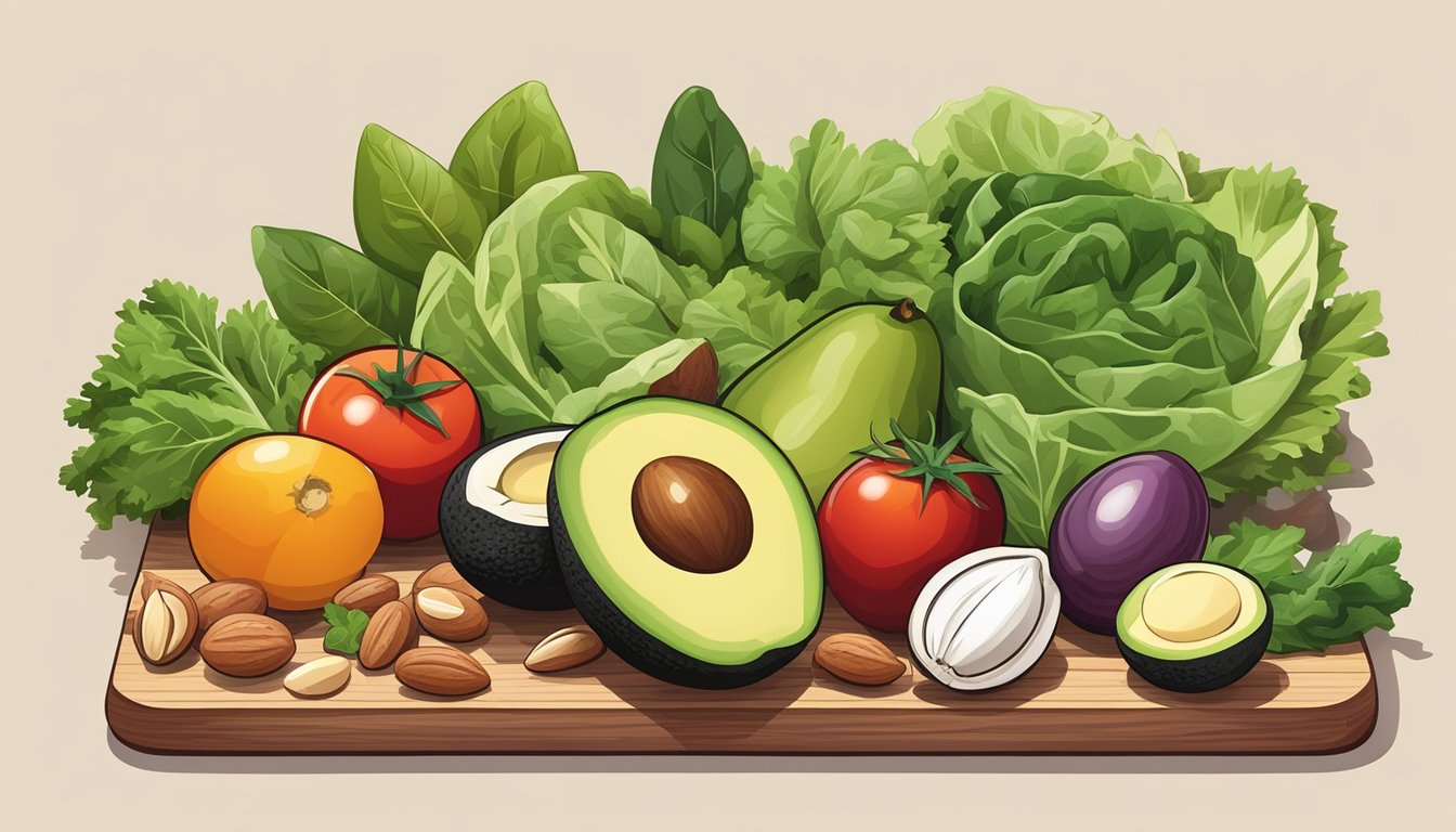 Fresh salad ingredients arranged on a wooden cutting board, including avocados, tomatoes, nuts, and leafy greens