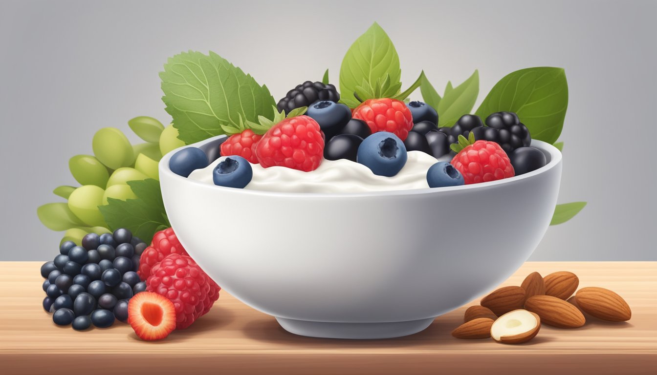 A bowl of Greek yogurt topped with fresh berries sits on a wooden table, surrounded by other low-glycemic index snack options like nuts and vegetables