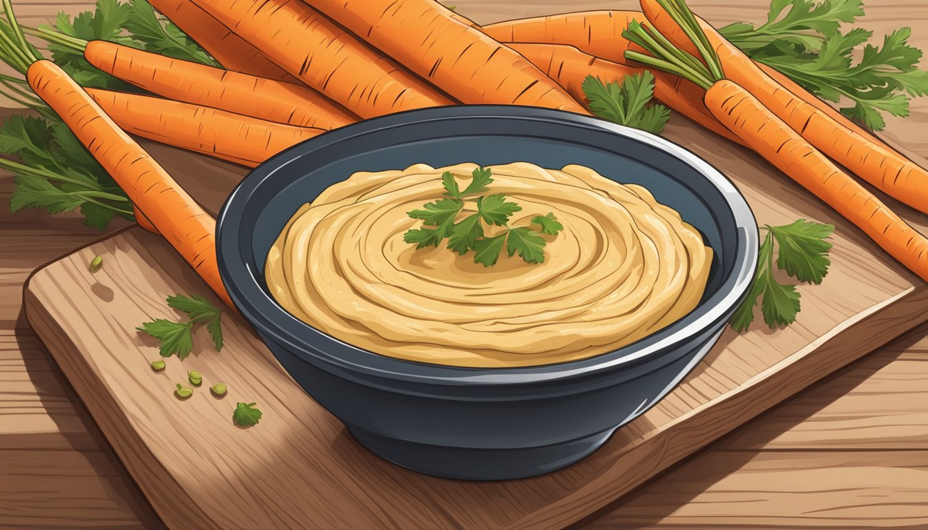 A bowl of hummus surrounded by neatly arranged carrot sticks on a wooden cutting board