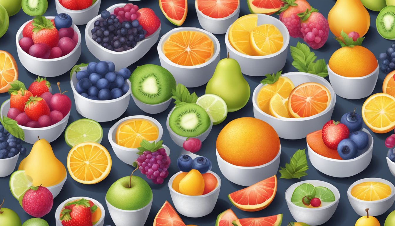 A colorful array of assorted fruits in sugar-free cups, arranged neatly on a table