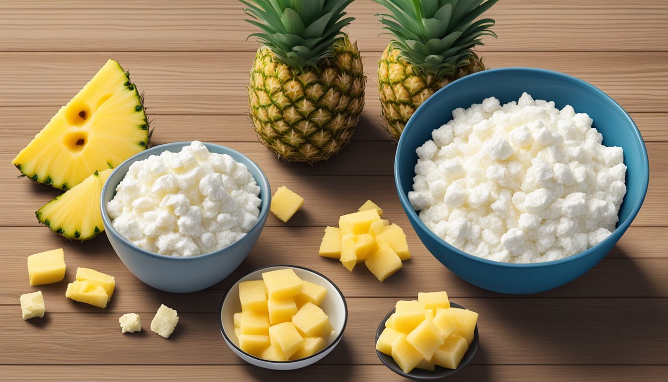 A bowl of cottage cheese topped with pineapple chunks sits on a wooden table alongside other low-glycemic index snack foods