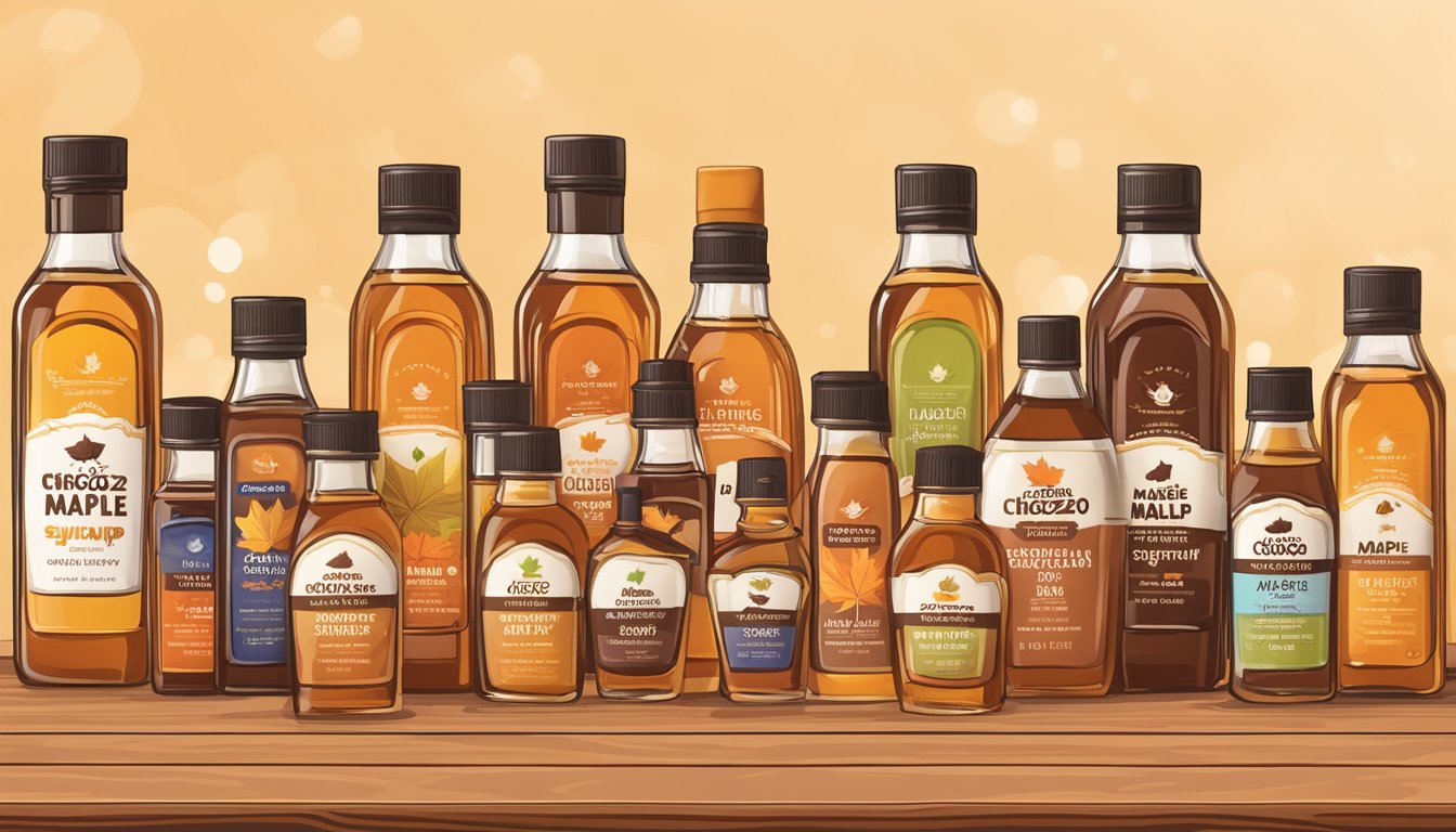 A bottle of ChocZero Maple Syrup surrounded by six other sugar-free maple syrups, all arranged on a wooden table with a warm, inviting background