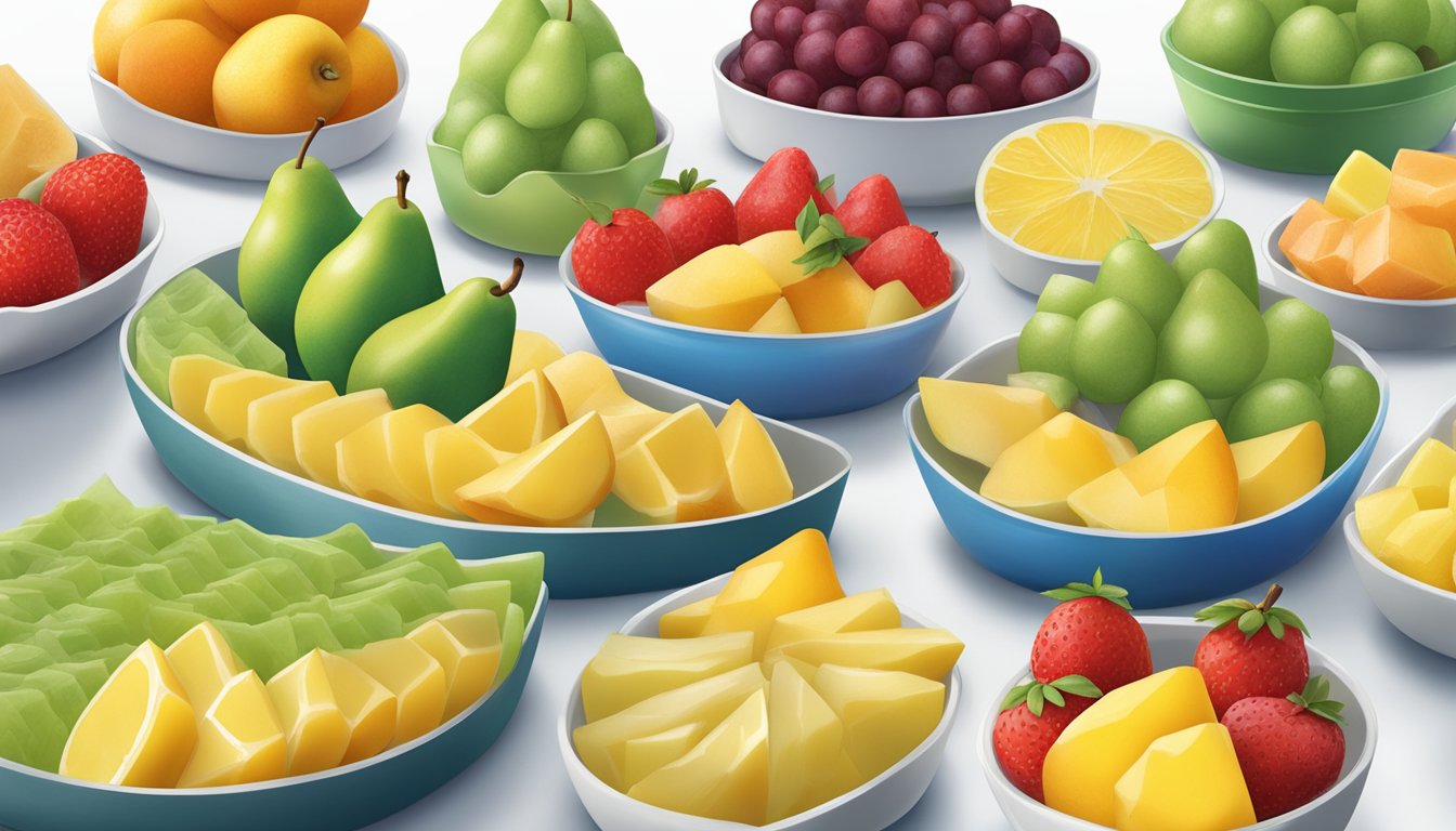 A variety of sugar-free fruit cups, including Del Monte No Sugar Added Diced Pears, arranged on a table for diabetics