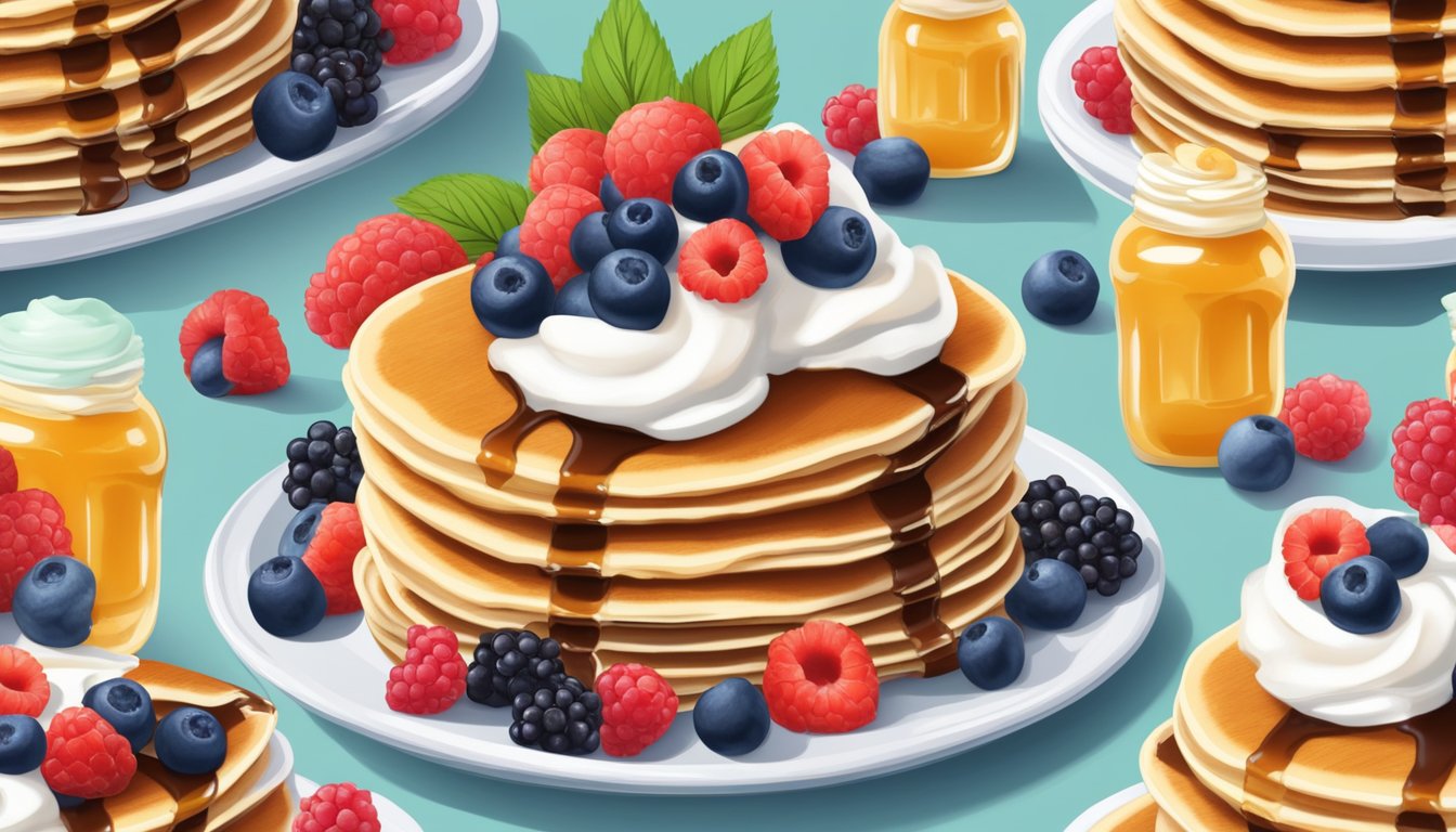 A stack of pancakes drizzled with sugar-free maple syrup, surrounded by fresh berries and a dollop of whipped cream