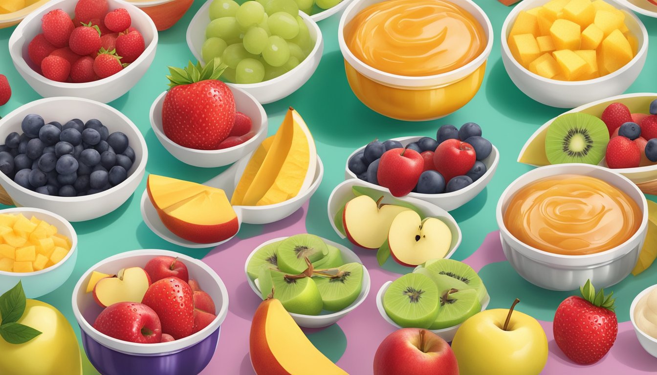 A colorful array of fruit cups, including Mott's No Sugar Added Applesauce, arranged on a table with a bright backdrop