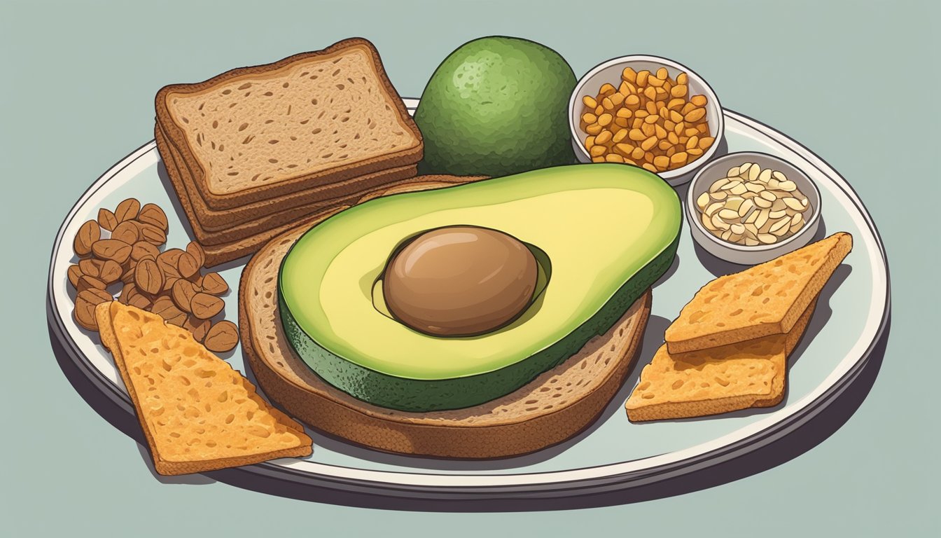 A plate with avocado toast on whole grain bread, surrounded by other low-glycemic index snack foods