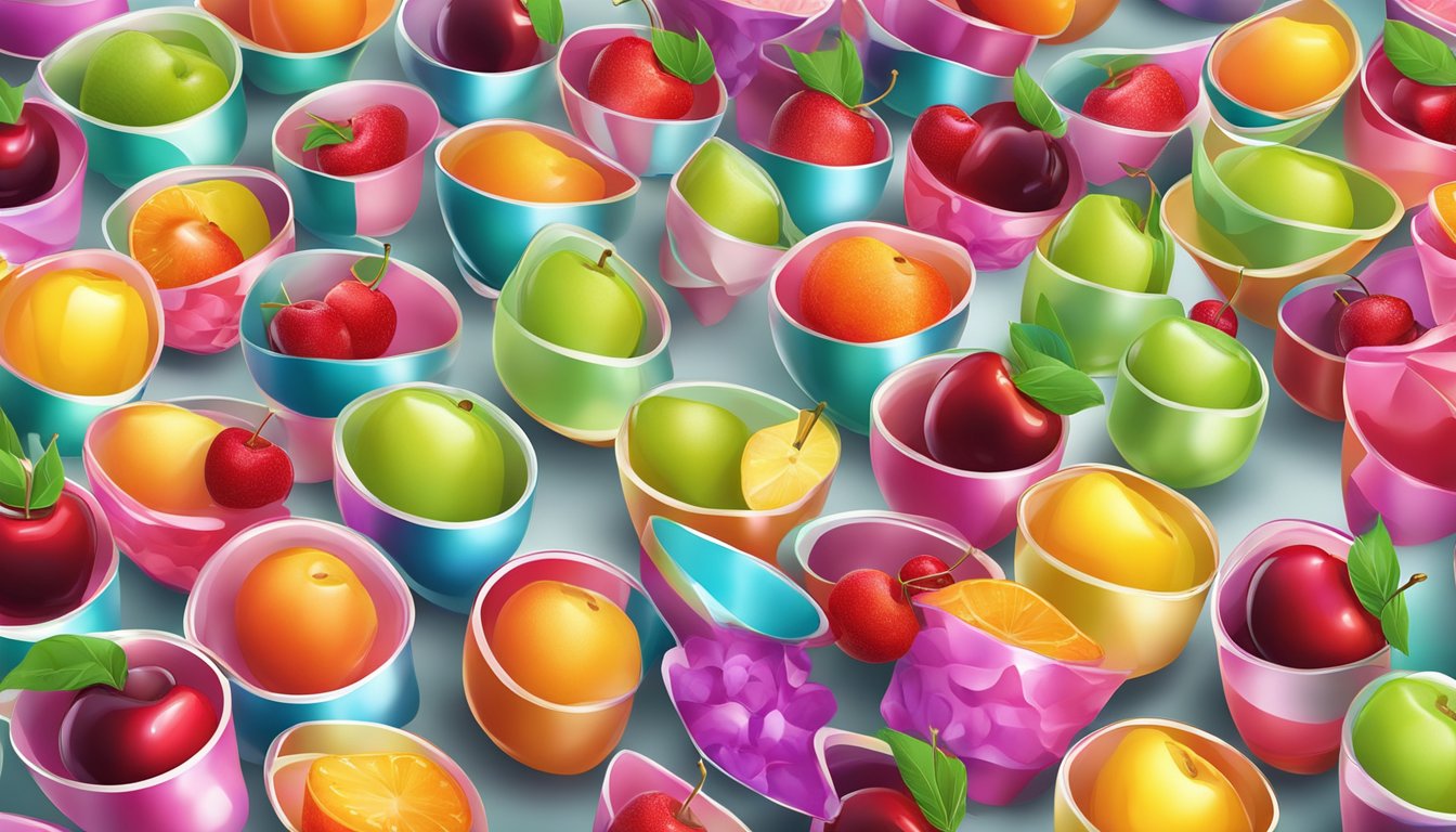 A colorful array of cherry mixed fruit cups arranged in a neat row, with vibrant fruits spilling out of each cup