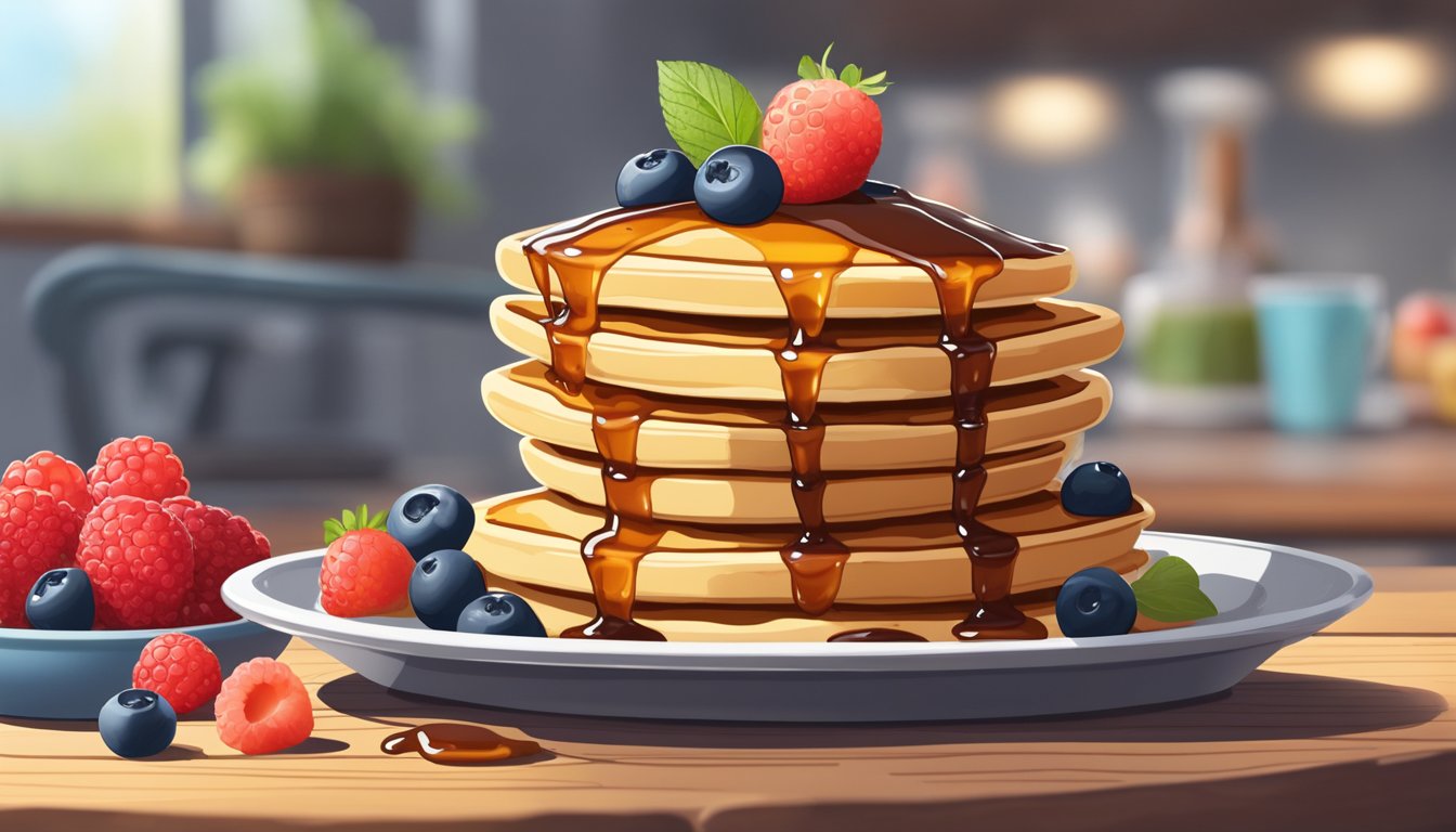 A stack of pancakes topped with sugar-free syrup sits on a wooden table, surrounded by fresh berries and a drizzle of syrup